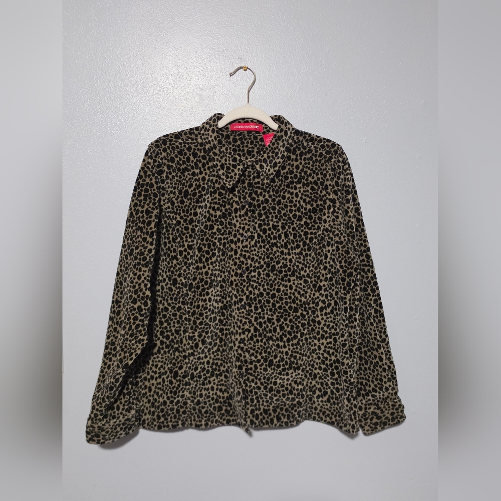 GLORIA VANDERBILT Button Up Shirt Womens XL Brown Black Leopard Mob Wife Y2K - Picture 3 of 8